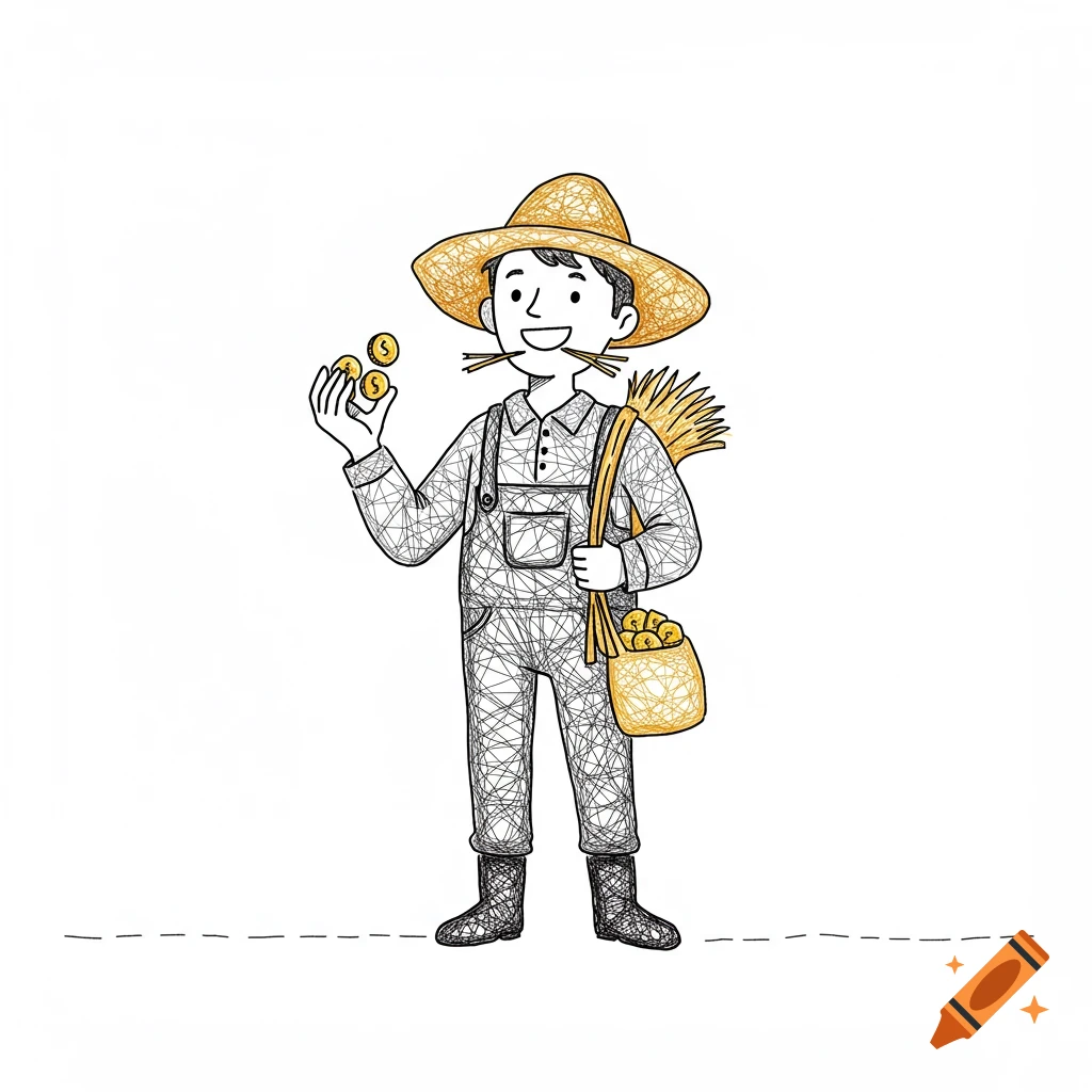 Minimalist line drawing of a farmer holding three coins and straw.
