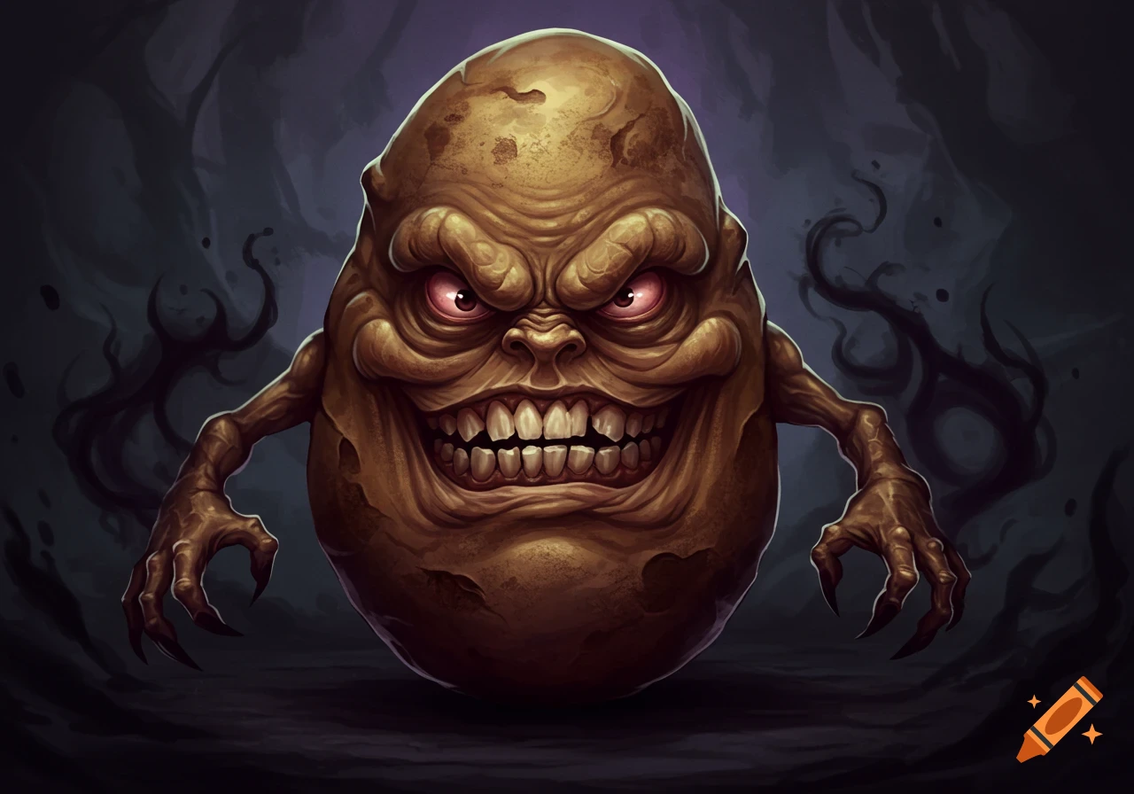 Digital painting of a menacing, monstrous potato creature with glowing red eyes and sharp teeth reaching forward.