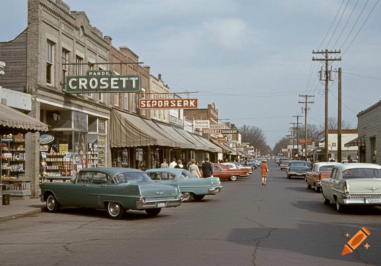 Vintage photo of a 1960 street scene in Crossett, Arkansas with vintage cars and people.