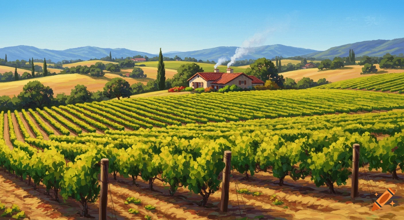 Painterly landscape of a vineyard with a house on a hill