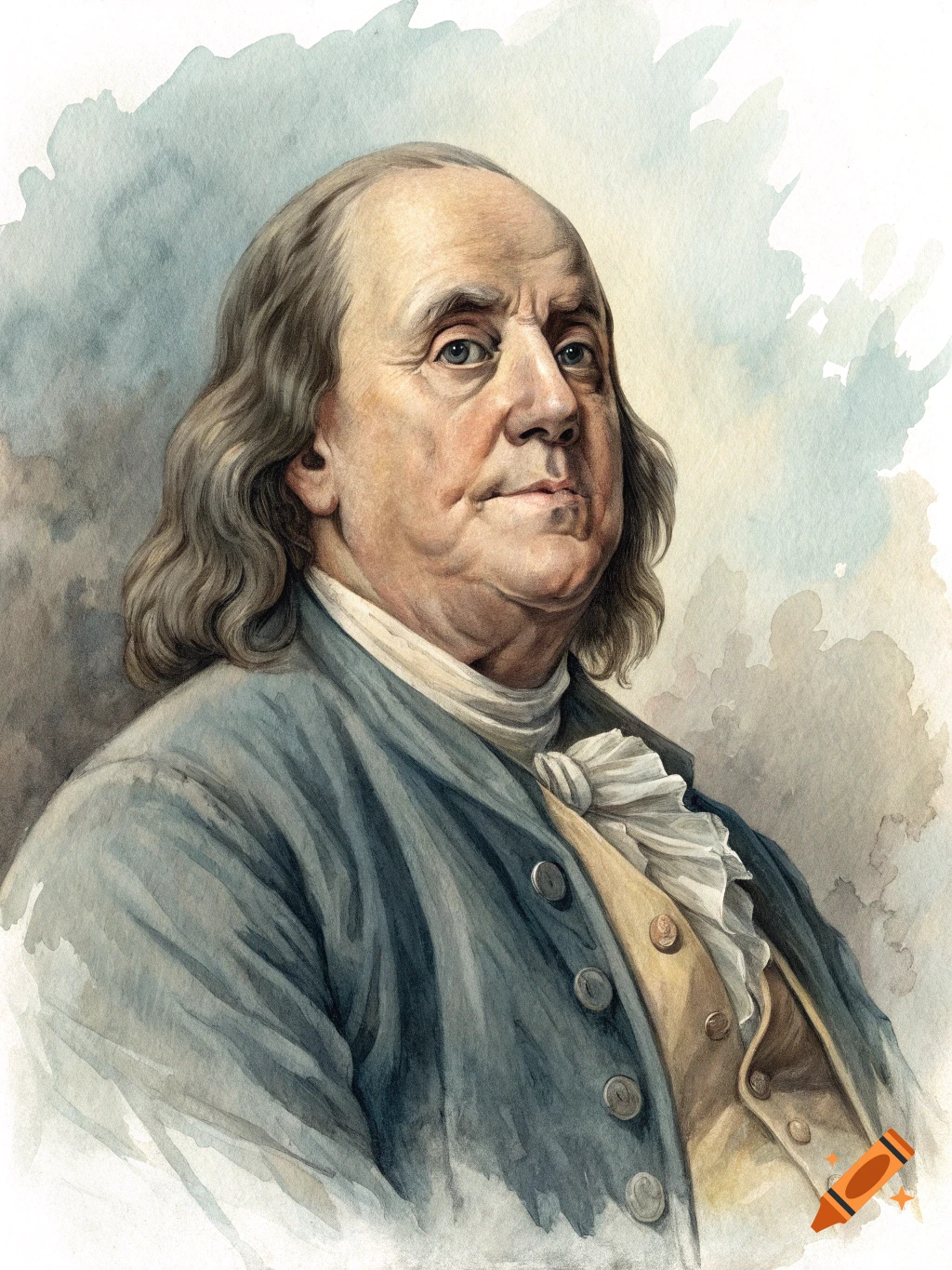 Watercolor portrait of Benjamin Franklin.