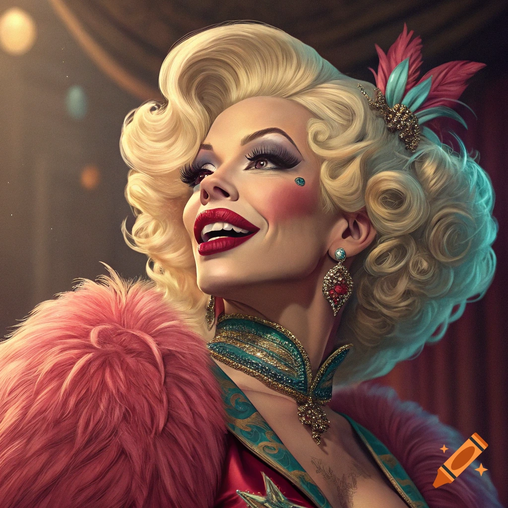 Close-up portrait of a person with dramatic makeup, blonde hair, pink fur wrap, and costume jewelry, looking up.