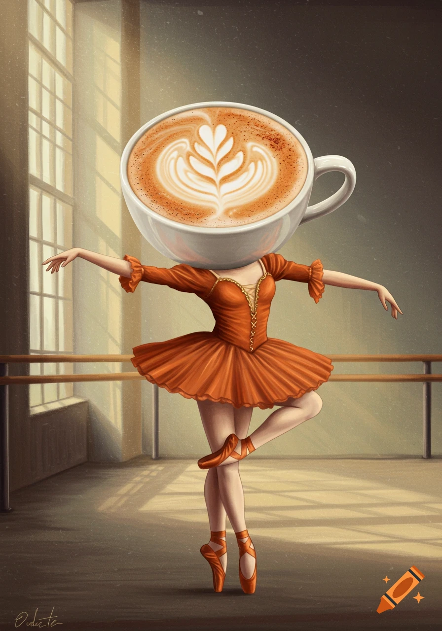 Illustration of a ballerina with a coffee cup head dancing in a studio