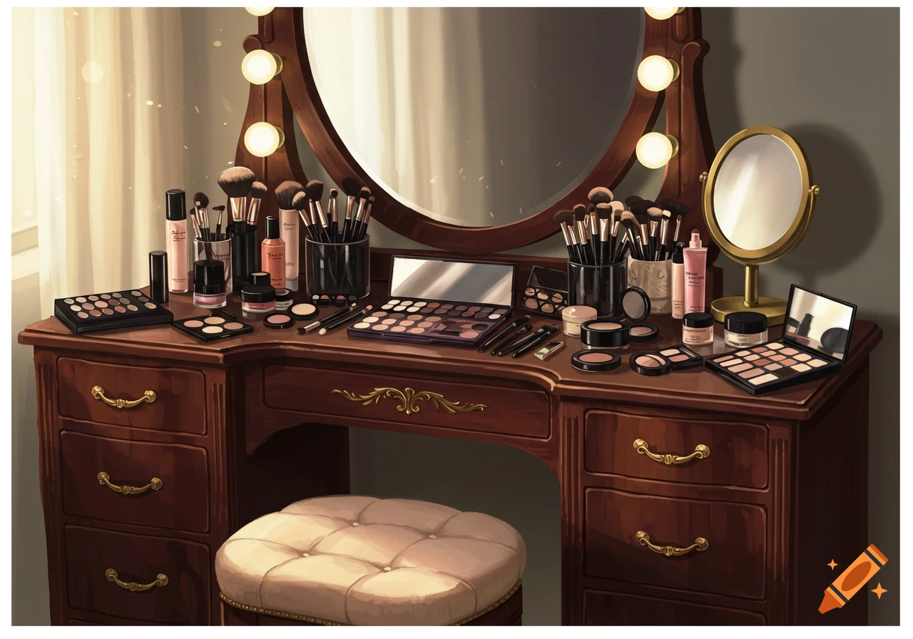 A detailed illustration of a makeup vanity with brushes, palettes, and bottles.