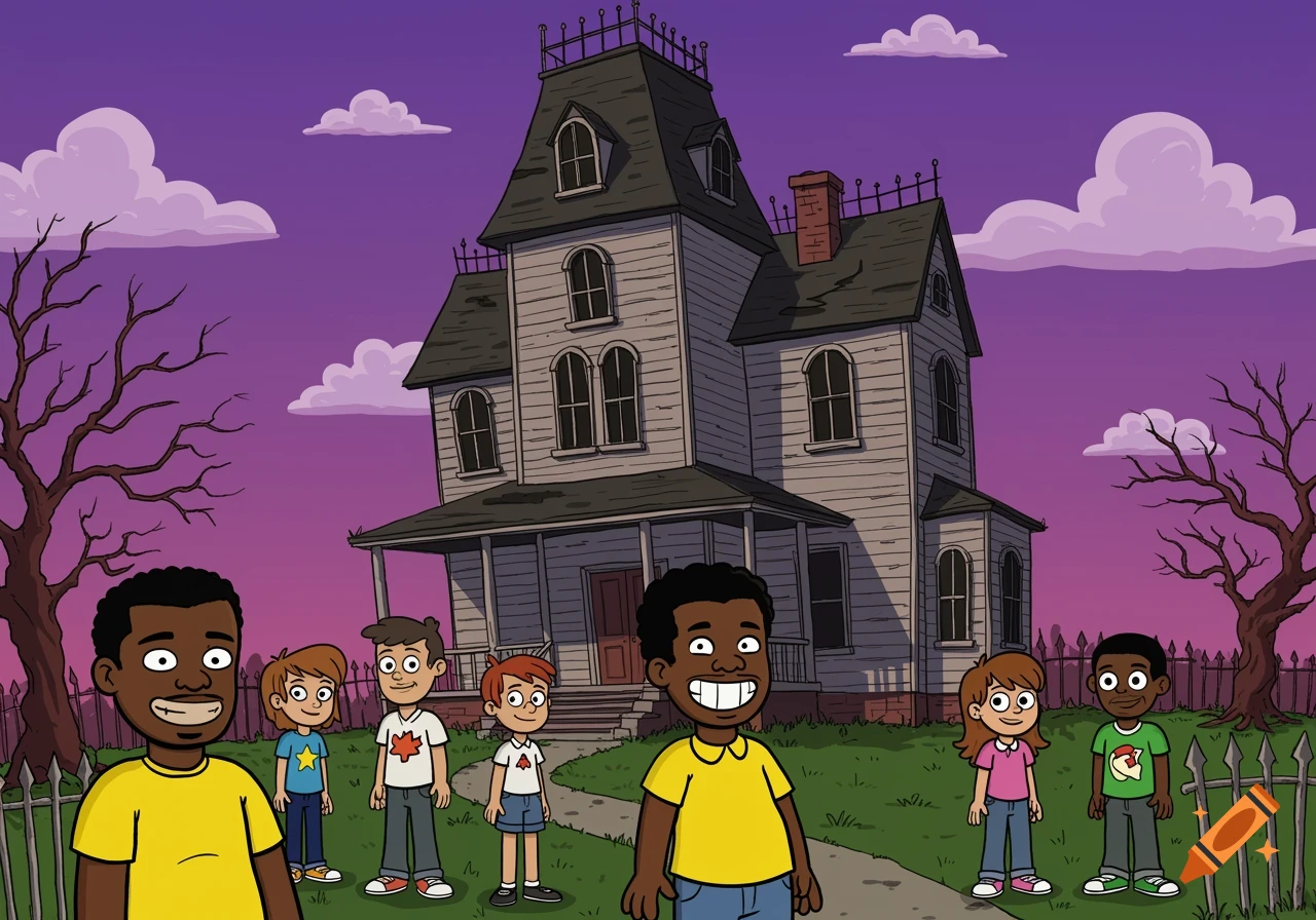 A cartoon shows a group of diverse kids standing in front of a haunted house at dusk.