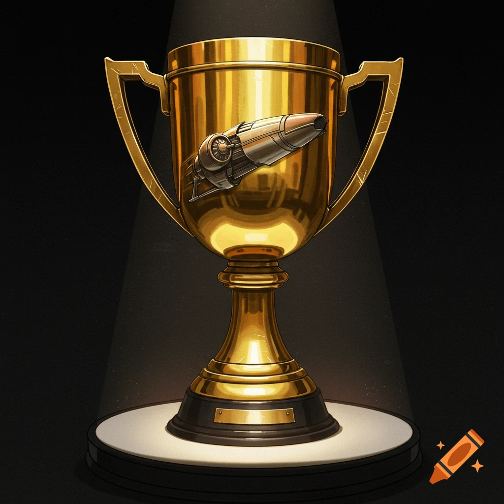A golden trophy cup with a spaceship attached, spotlit on a dark background.