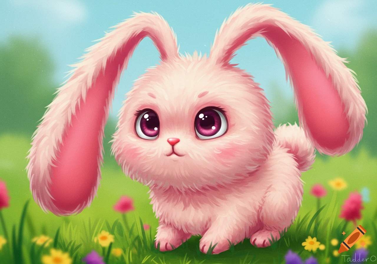 A cute pink fluffy cartoon bunny with big eyes and long floppy ears sits in a field of grass and flowers.