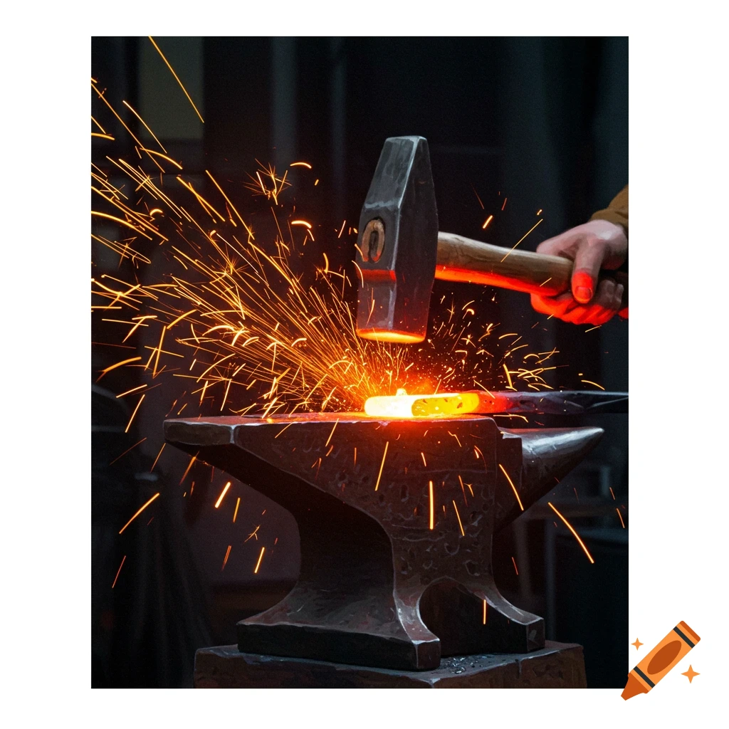 Close-up of a hand hammering hot metal on an anvil, creating many sparks
