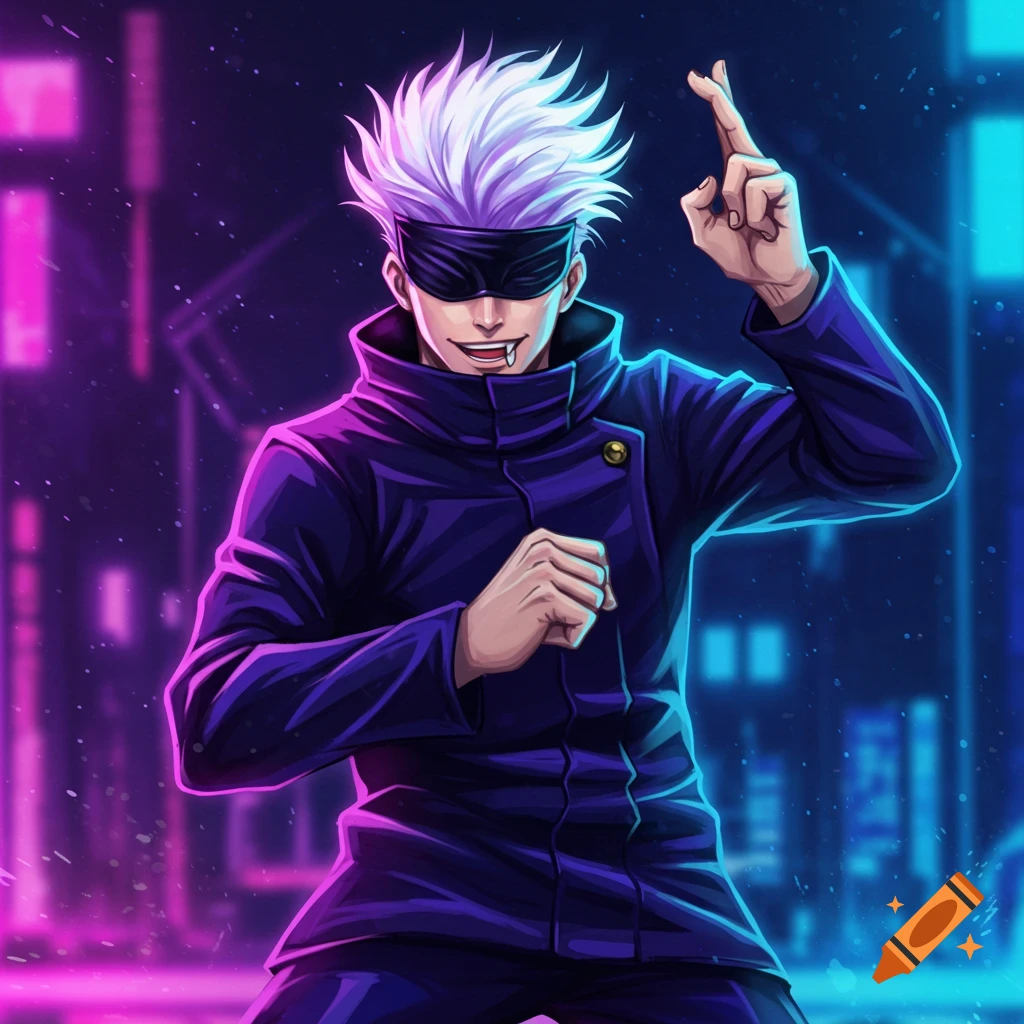 Anime character Satoru Gojo with blindfold, fangs, and white spiky hair crosses fingers in front of a neon cityscape.