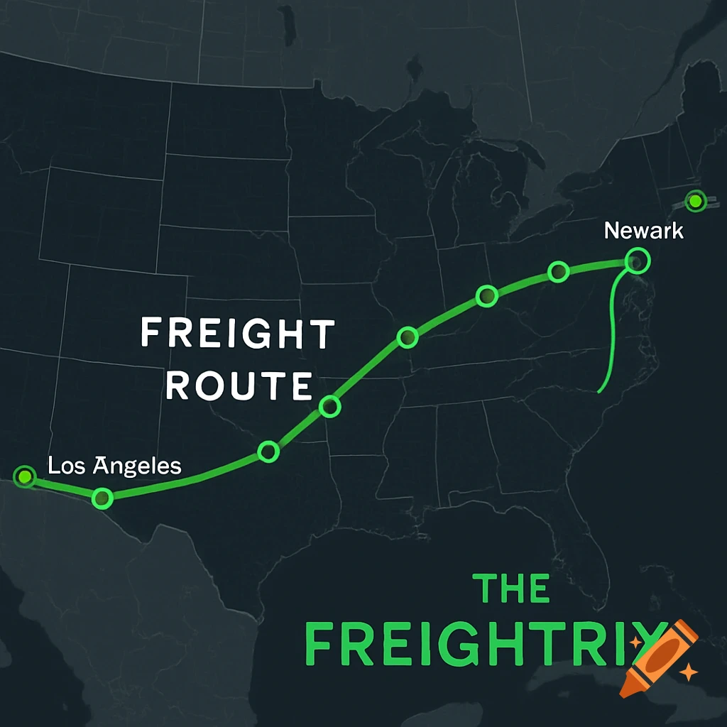 Map showing a freight route across the US from Los Angeles to Newark.