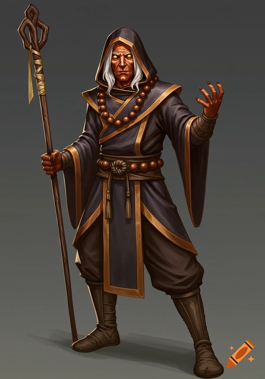 A fantasy illustration of an elderly male monk with copper skin, gold eyes, white hair, and dark hooded robes, holding a staff in a fighting pose.