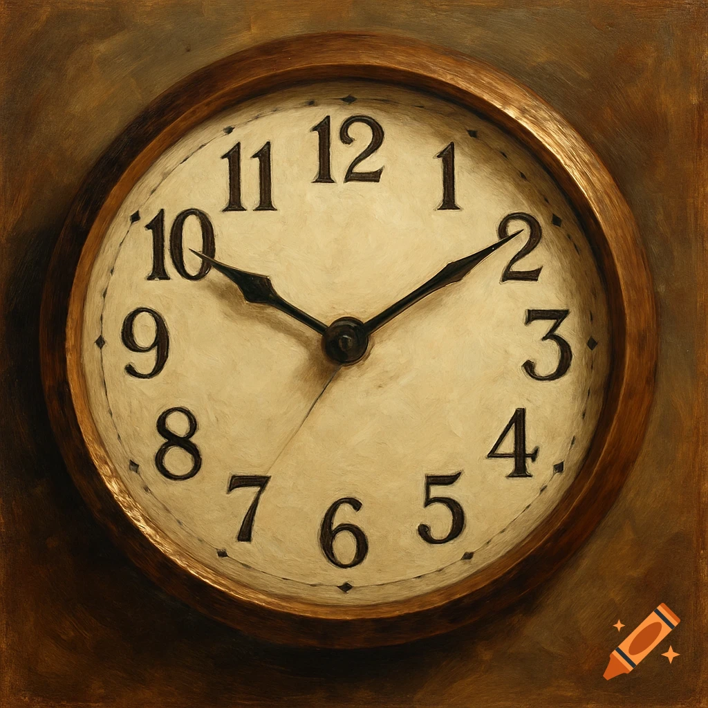 Close-up painting of an antique analog clock face showing the numbers 1 through 12