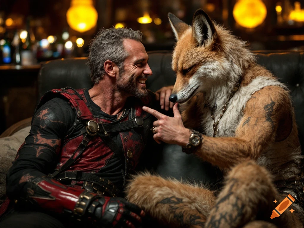A man in red and black armor talks to an anthropomorphic fox character in a bar setting.