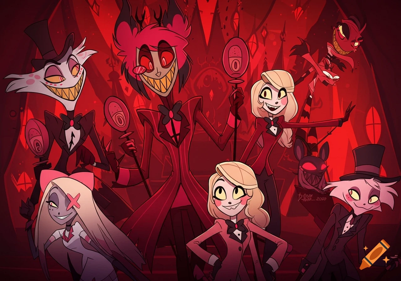 Group shot of Hazbin Hotel characters including Alastor, Charlie, Vaggie, Angel Dust, Husk, and Niffty, smiling in a red background.