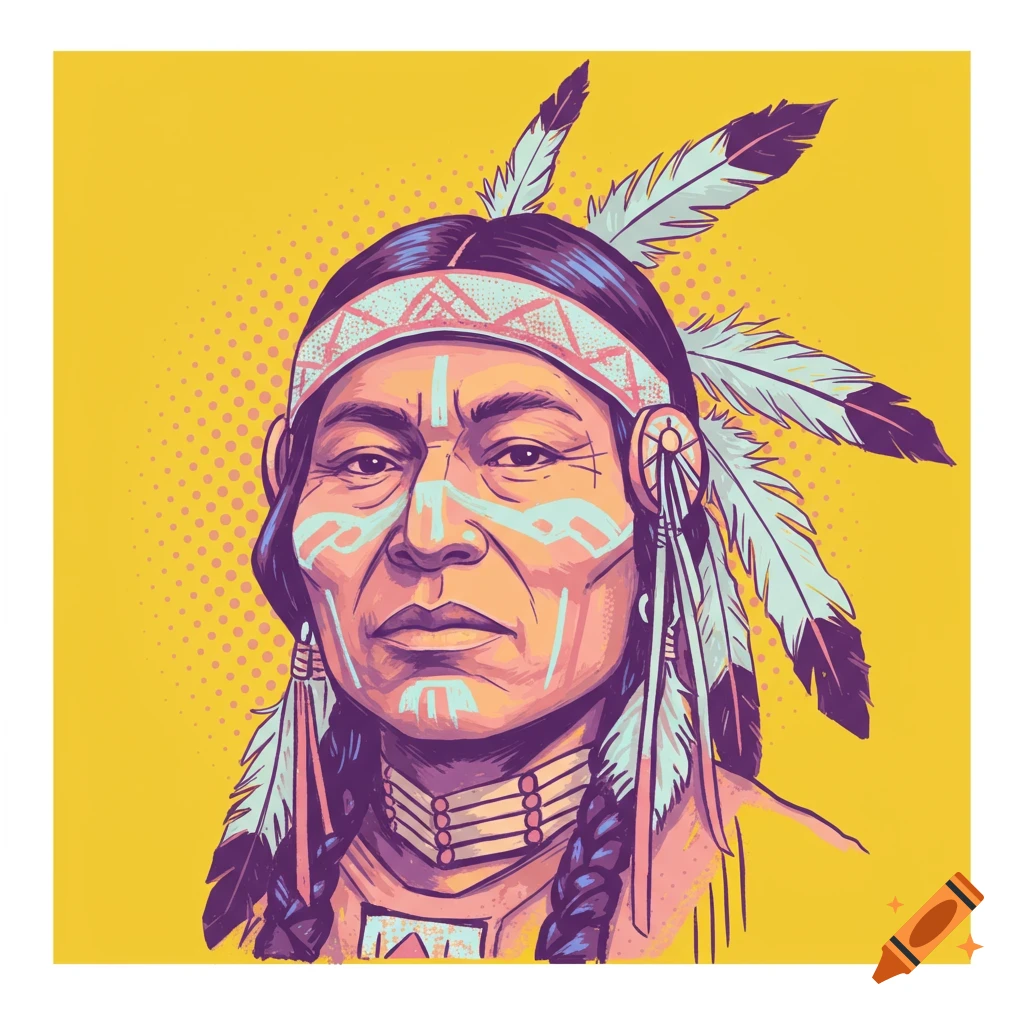 Pop art style portrait of a Native American person with facial paint and feathers on a yellow background.