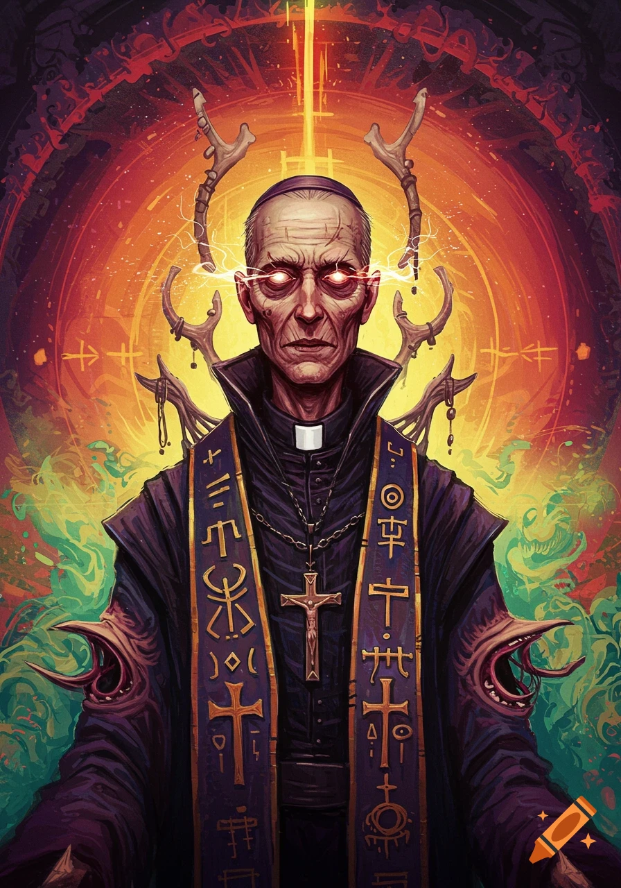 Sinister priest with glowing eyes, antler-like headdress, creature arms, and ornate stole against a chaotic, fiery background, dark fantasy art.