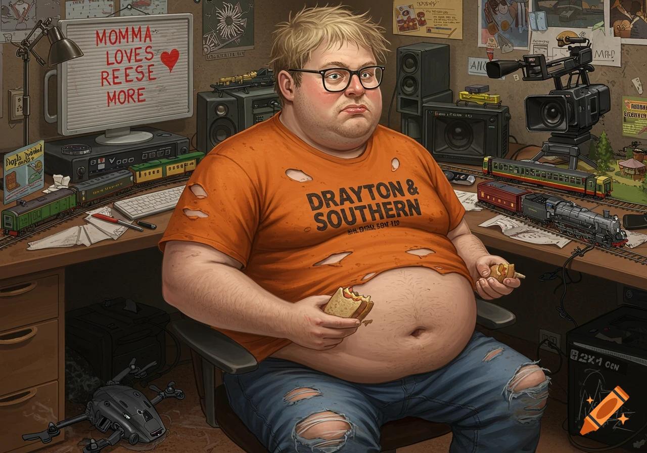 A chubby man with glasses and a ripped orange shirt sits at a desk cluttered with model trains and video equipment, eating a sandwich. A sign says "Momma Loves Reese more".