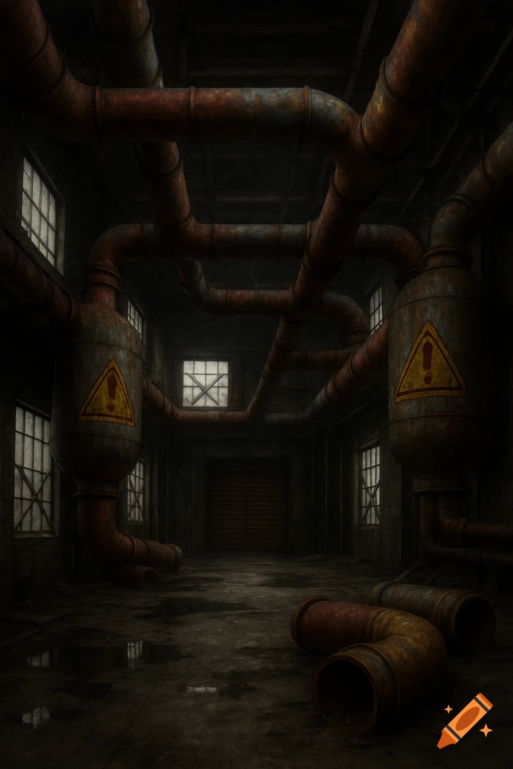 Dark interior of an abandoned factory with rusty pipes and tanks.