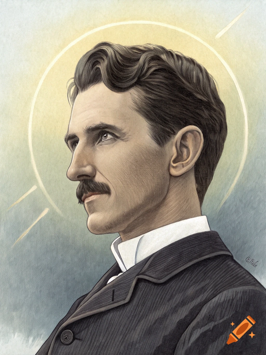 Portrait illustration of Nikola Tesla with a glowing halo.