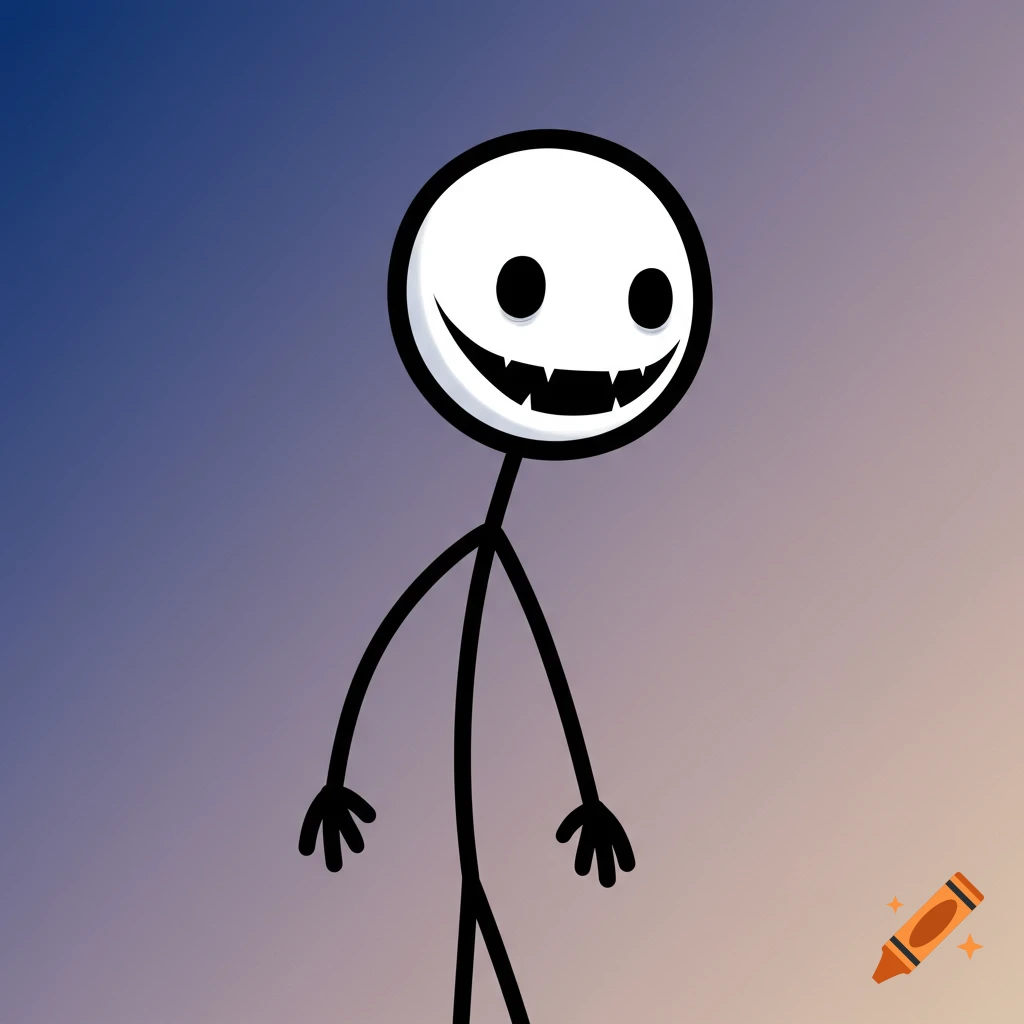 Cartoon stick figure with a white face and sharp teeth against a gradient background.