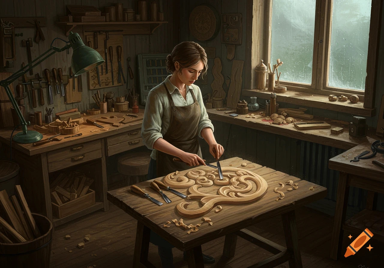 Woman wood carving in a dusty workshop with tools and raining outside.