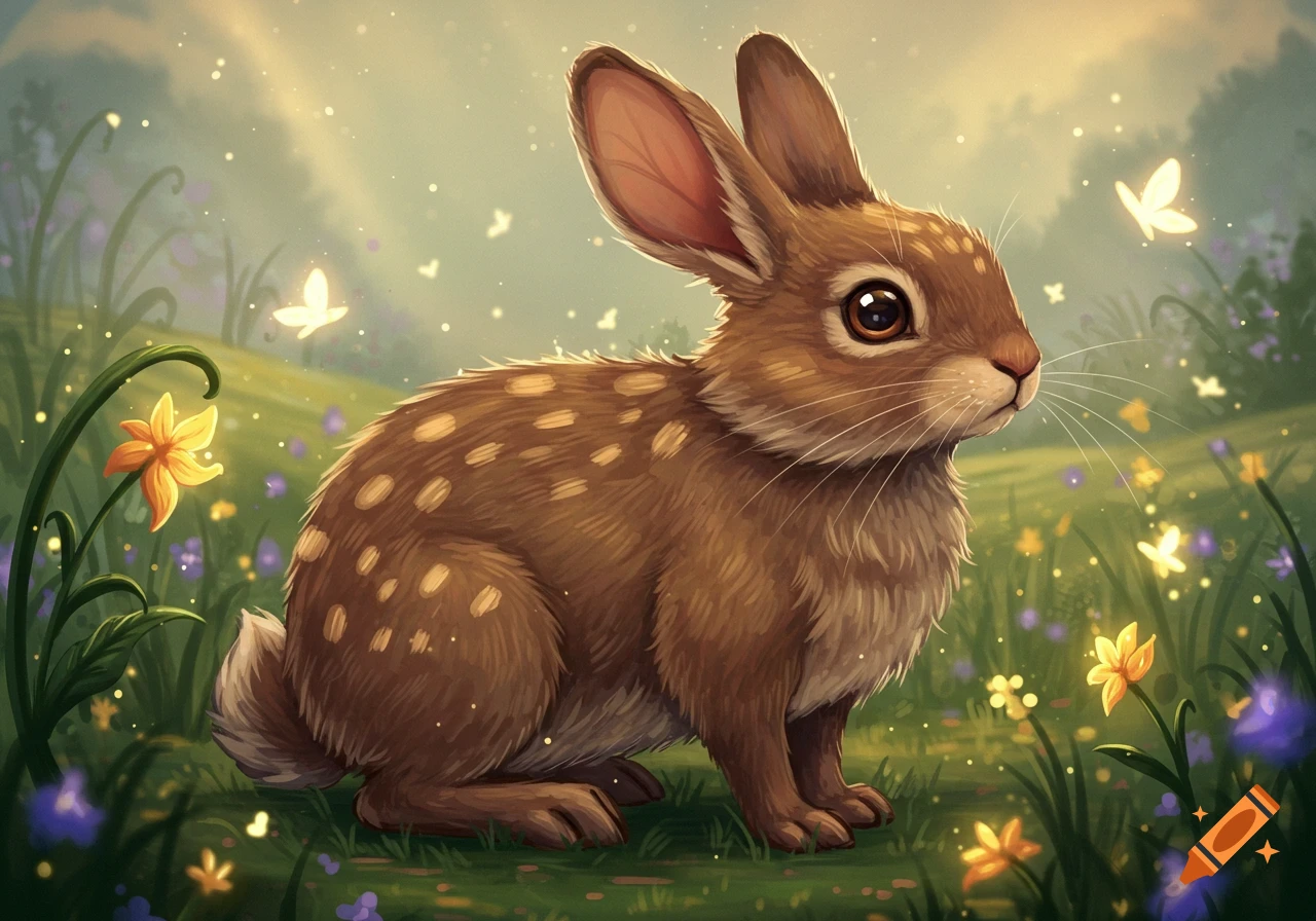 A whimsical illustration of a brown rabbit sitting in a field of colorful flowers with glowing butterflies.
