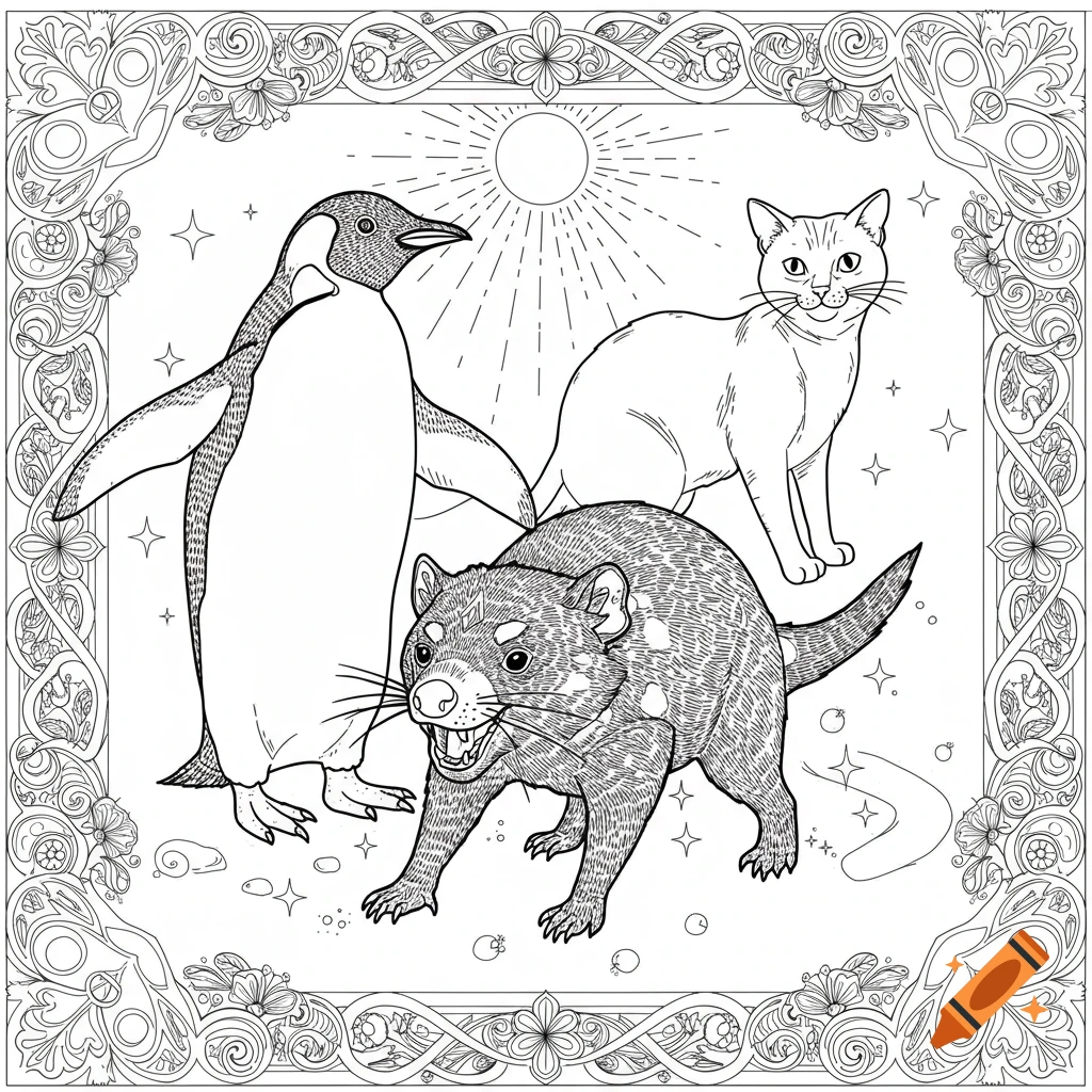 A coloring page illustration of a penguin, Tasmanian devil, and cat standing together, surrounded by a decorative border.