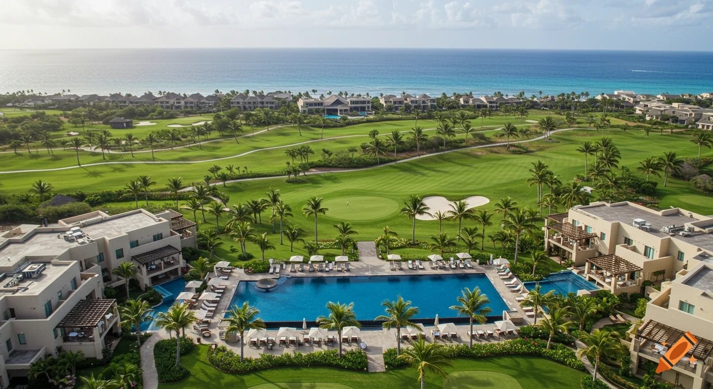 Aerial view of a tropical resort with buildings, pools, palm trees, golf course, and ocean.