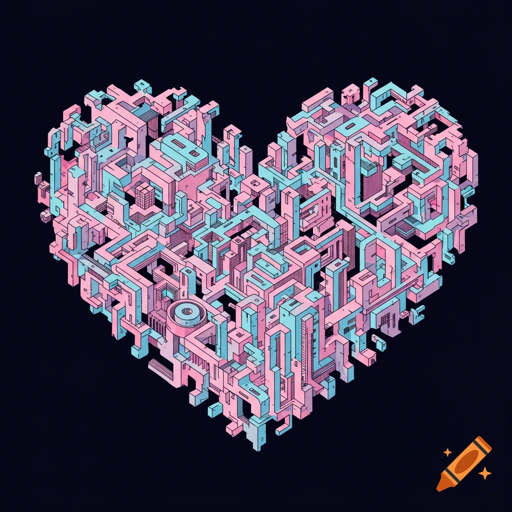 Abstract geometric structure in the shape of a heart with pink and blue blocks and lines on black background.