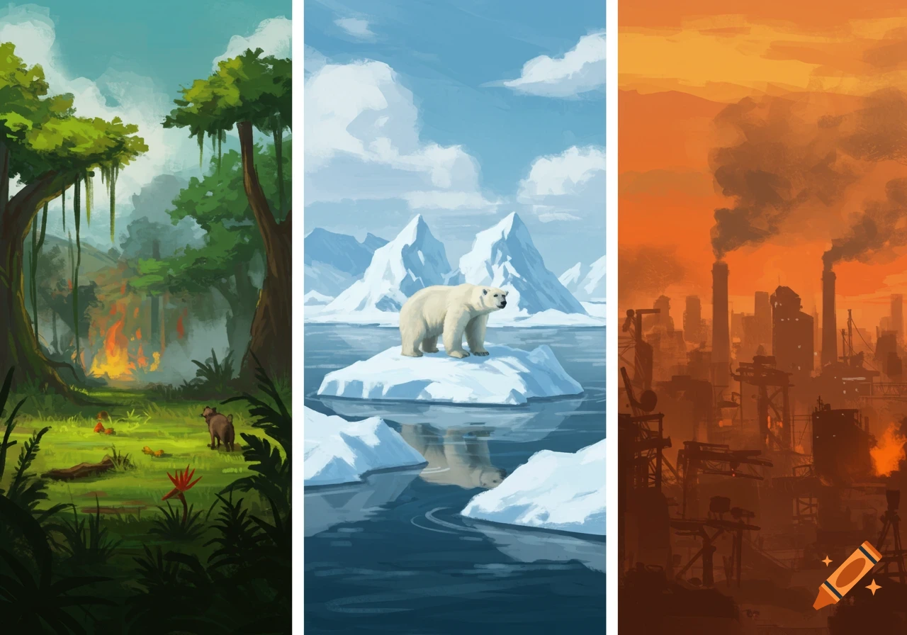 Three panels show global warming effects: burning jungle, polar bear on ice floe, polluted industrial city. Digital art.