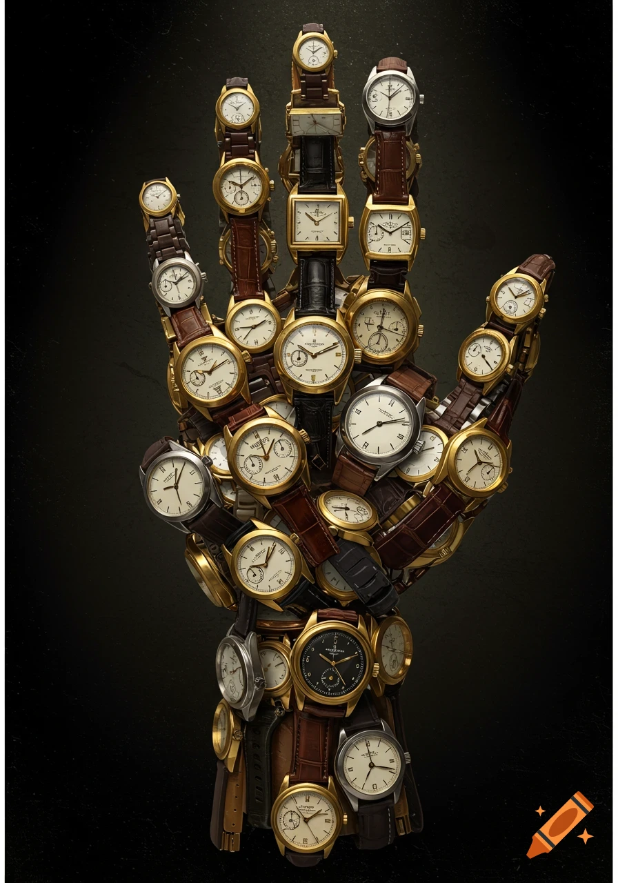 A hand shape formed by many layered watches with leather and metal bands against a dark background.