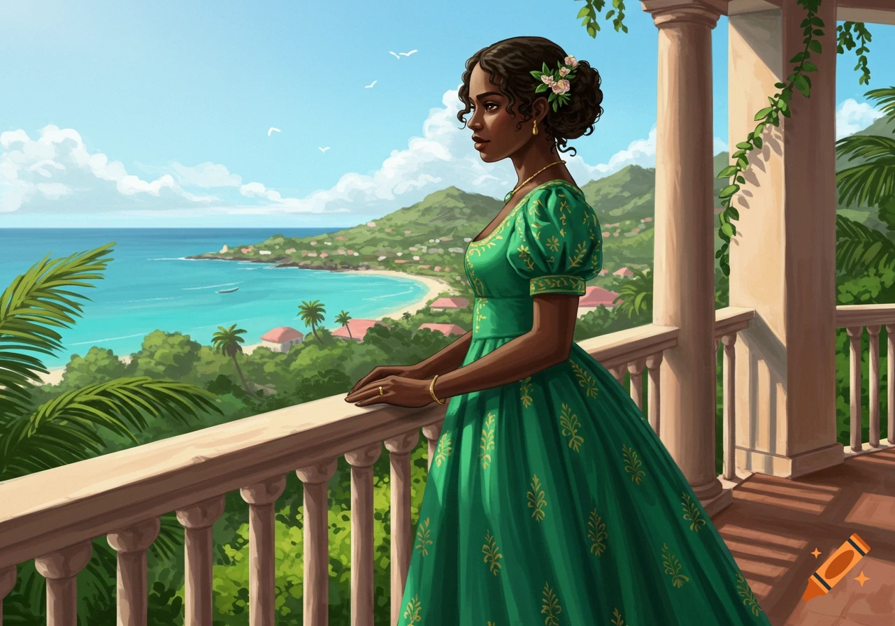 Black woman in a green dress on a balcony overlooks a tropical beach and ocean.