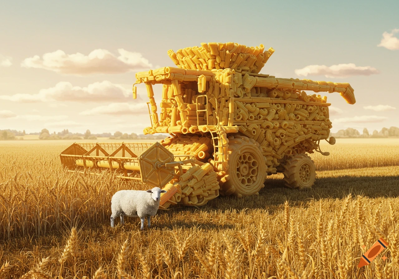 A combine harvester made of macaroni stands in a wheat field next to a sheep.