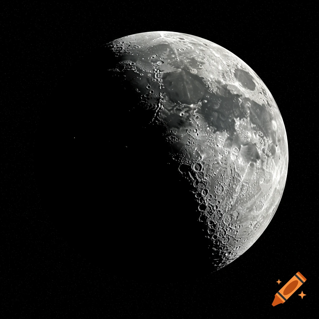 Detailed view of the moon showing craters and maria against a dark, starry sky.