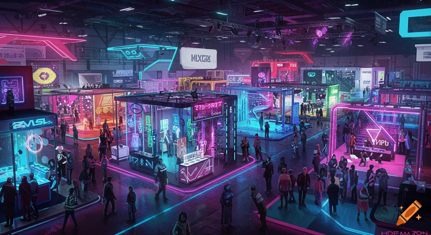 A busy convention hall bathed in bright pink, blue, and purple neon lights. People gather around futuristic booths and displays.