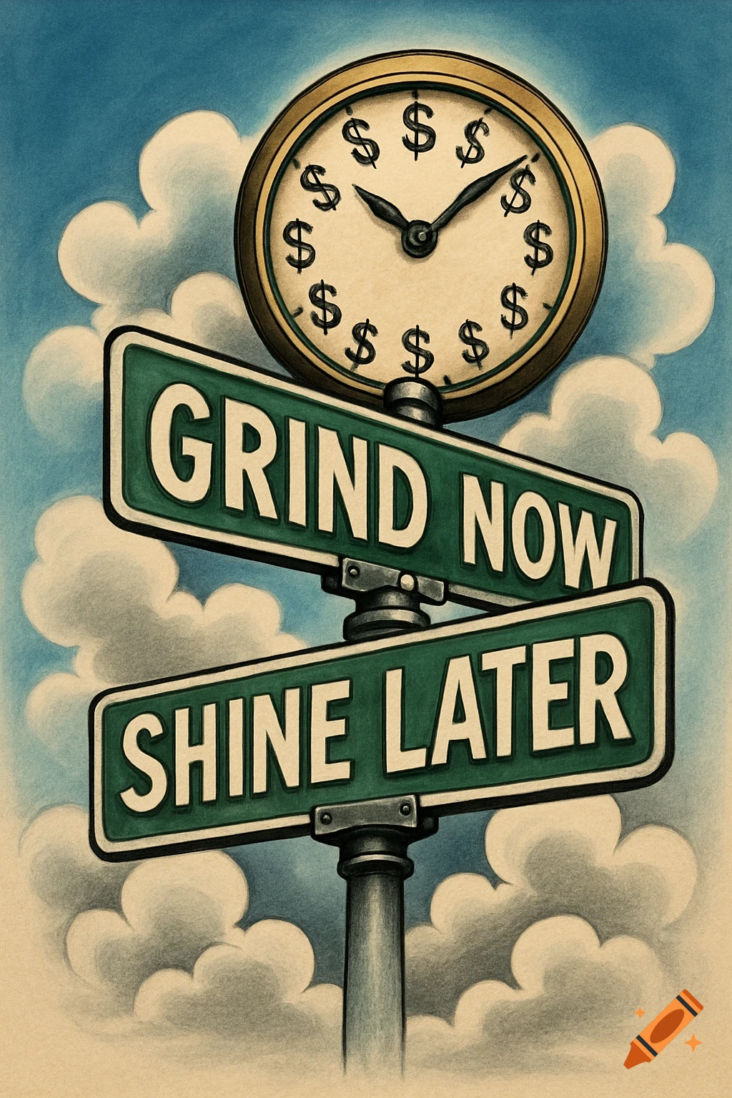 A street sign with 'GRIND NOW' pointing up and 'SHINE LATER' pointing down. Above is a clock with dollar signs instead of numbers, against a cloudy sky in an illustrative style.