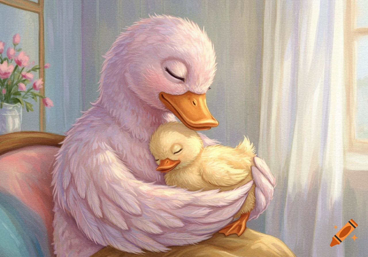 Pastel watercolor of a mother duck cuddling her duckling in a cozy room.