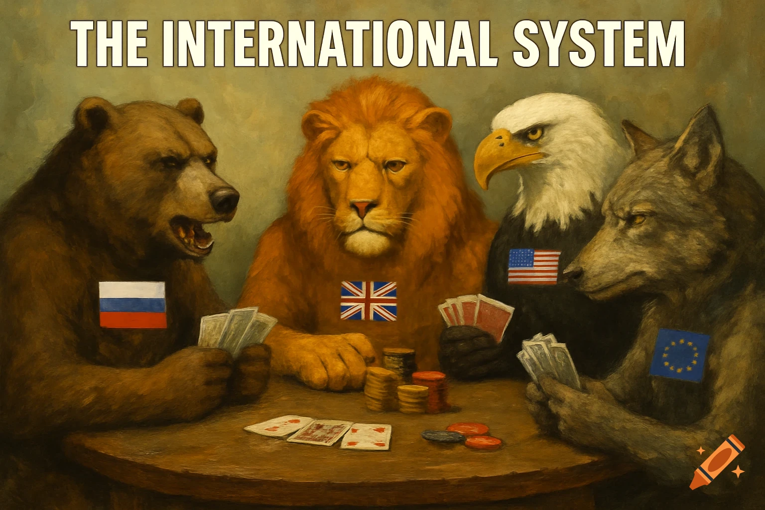 Painting of anthropomorphic bear, lion, eagle, wolf with country flags playing poker under the text "THE INTERNATIONAL SYSTEM".