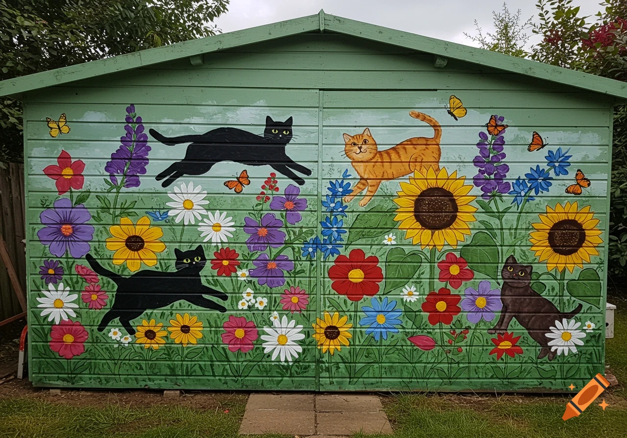A colorful mural of cats and flowers painted on a green garden shed.