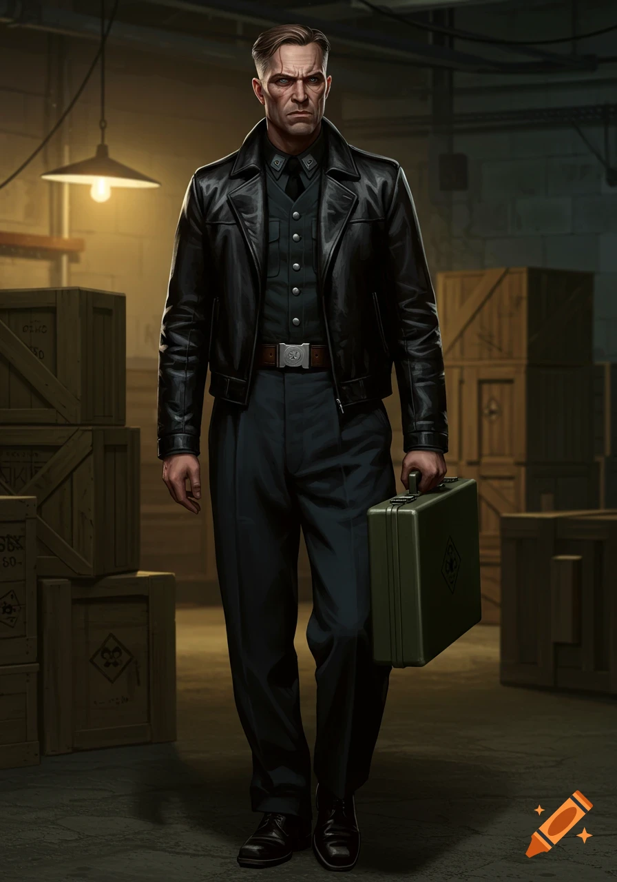 A stern man in a black leather jacket and dark uniform holds a briefcase in a dim warehouse.