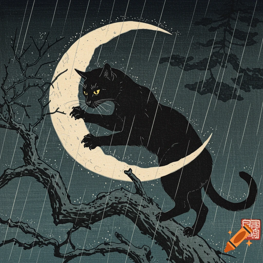 A black cat perches on a crescent moon during a rain shower, in a Ukiyo-e woodblock print style.