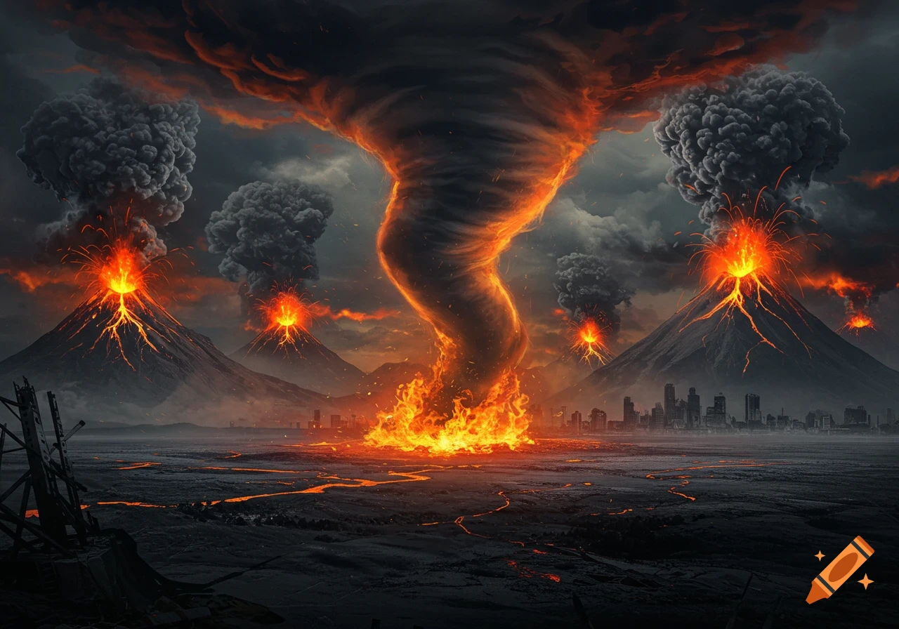 Fiery tornado and erupting volcanoes loom over a city under a dark, smoky sky.
