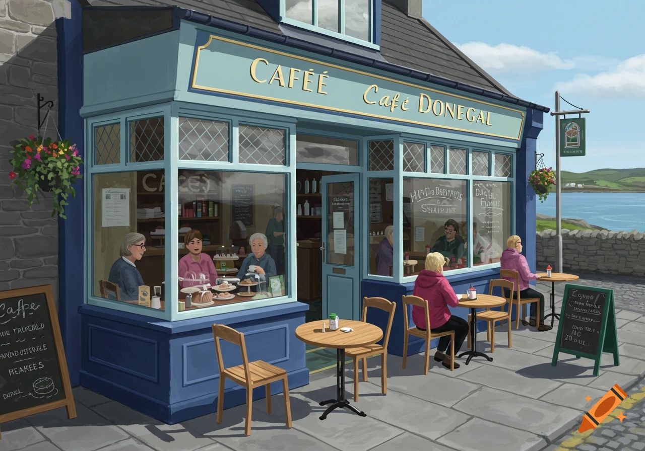 A digital illustration of a blue cafe storefront with people sitting inside and out, by the water.