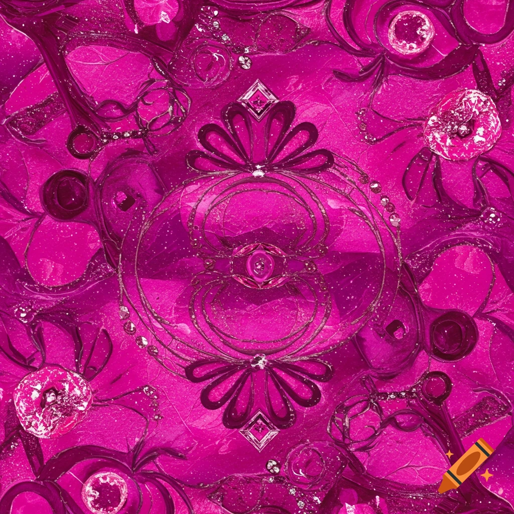 Vibrant pink abstract pattern with swirling shapes and diamond details.