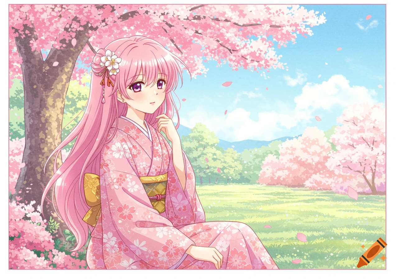 Anime girl in pink kimono under cherry blossoms in a park.