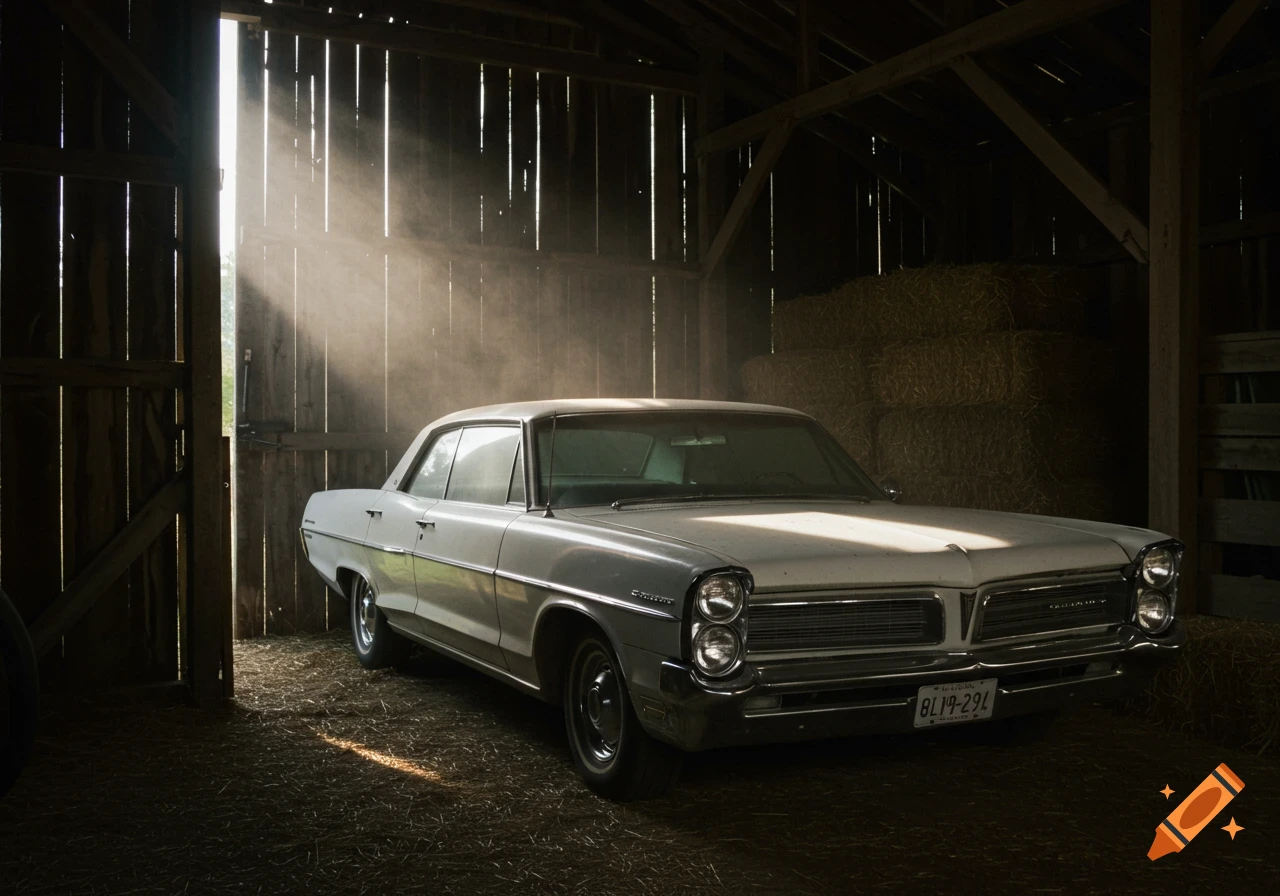A white classic car parked inside a dusty barn with sunlight streaming through the roof.