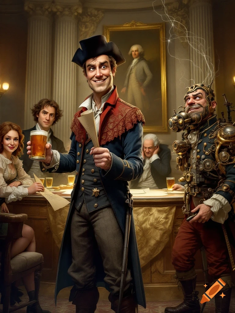 Four comedic historical figures, one with a steampunk invention, gathered in a room with a portrait of George Washington.