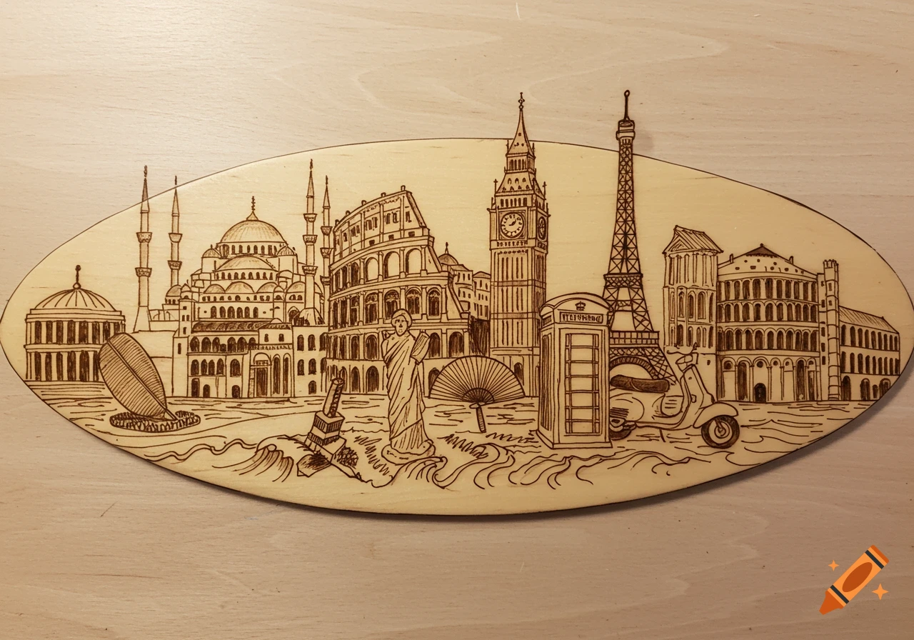 Wood burning style line drawing on a surfboard of various world landmarks