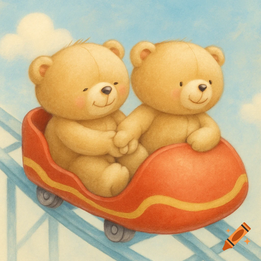 Two cute teddy bears ride a roller coaster in an illustration.
