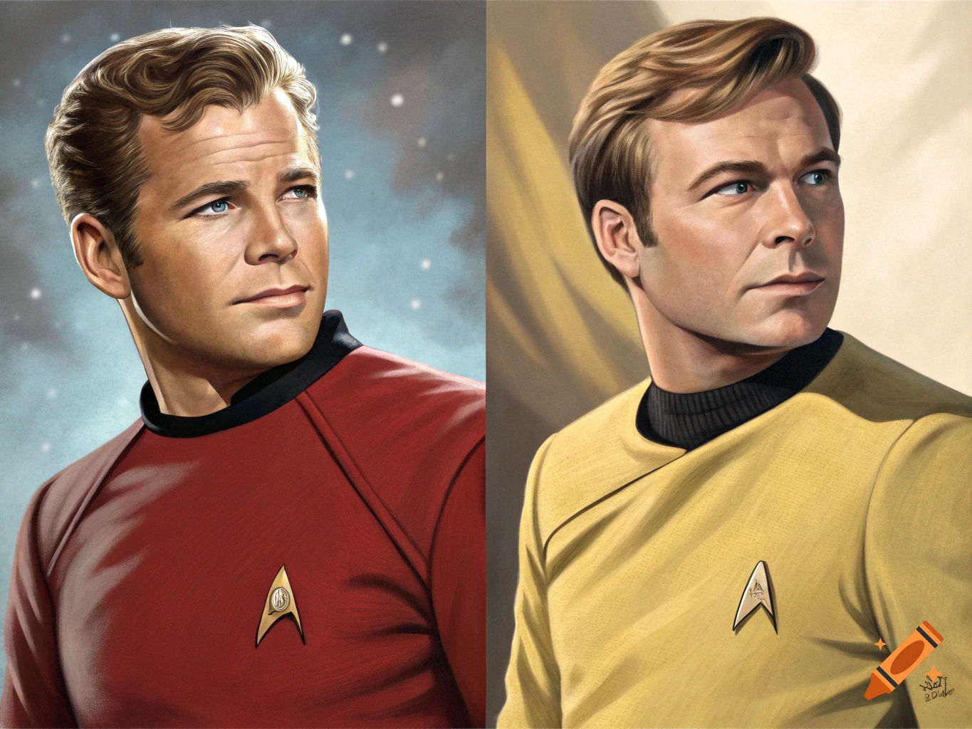 Side-by-side painted portraits of William Shatner as Captain Kirk in red and Chris Pine as Captain Kirk in yellow from Star Trek.